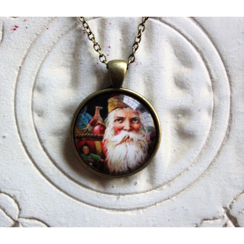 Old-World Santa Glass Pendant Necklace - Antiqued Bronze Tone